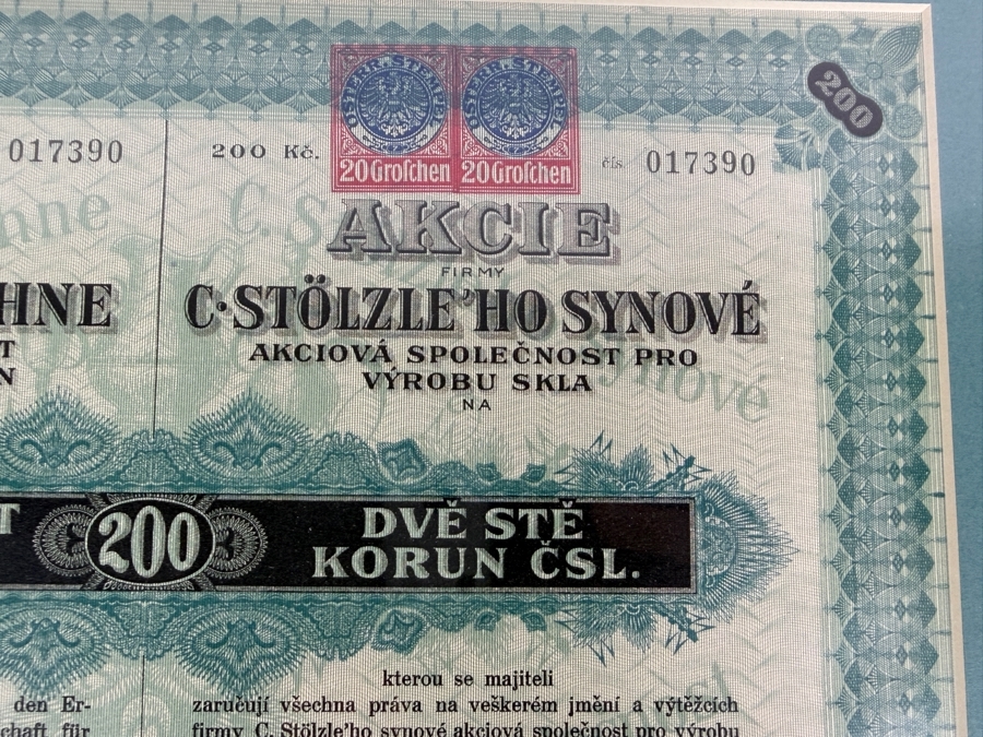Antique 1926 Czechoslovakian Stock Certificate for C. Stölzle's Söhne, a Glass Manufacturing Company for a 200 Korun Share 17 X 14 [Photo 6]