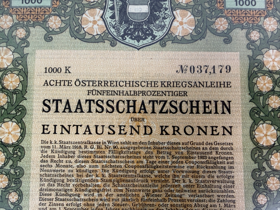 Antique 1918 1000 Krone Austrian War Bond Certificate from the 8th Austrian War Loan Framed 14.5 X 19 [Photo 4]