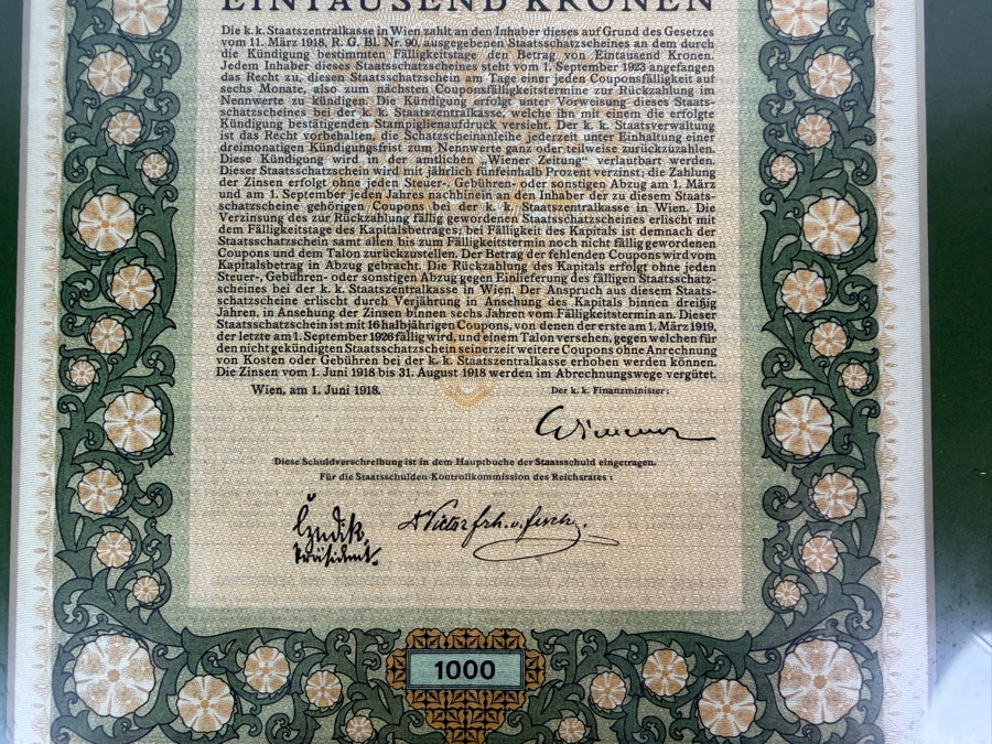 Antique 1918 1000 Krone Austrian War Bond Certificate from the 8th Austrian War Loan Framed 14.5 X 19 [Photo 5]