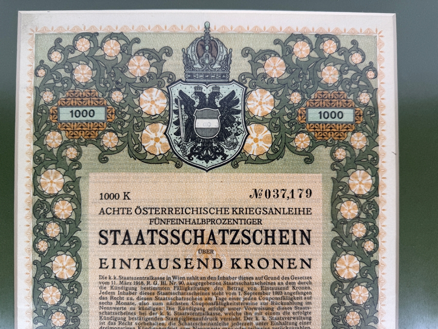 Antique 1918 1000 Krone Austrian War Bond Certificate from the 8th Austrian War Loan Framed 14.5 X 19 [Photo 3]