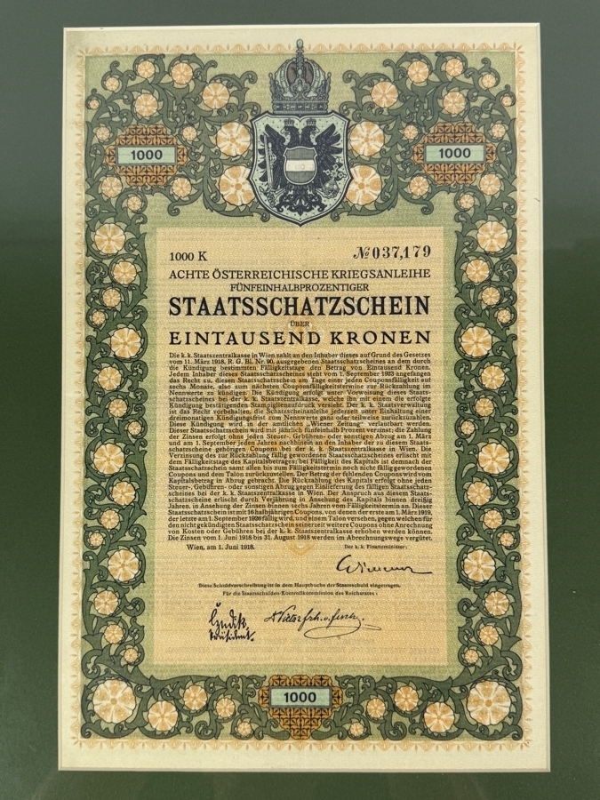 Antique 1918 1000 Krone Austrian War Bond Certificate from the 8th Austrian War Loan Framed 14.5 X 19