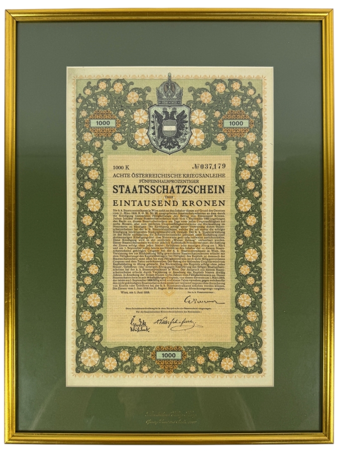 Antique 1918 1000 Krone Austrian War Bond Certificate from the 8th Austrian War Loan Framed 14.5 X 19 [Photo 2]