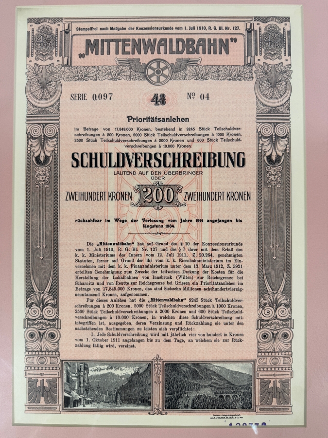 Antique 1912 Mittenwaldbahn Lokalbahn 200 Kronen Bond from Austria Framed 14.5 X 19