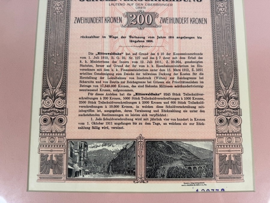 Antique 1912 Mittenwaldbahn Lokalbahn 200 Kronen Bond from Austria Framed 14.5 X 19 [Photo 5]