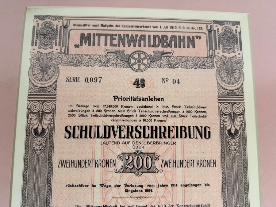 Antique 1912 Mittenwaldbahn Lokalbahn 200 Kronen Bond from Austria Framed 14.5 X 19 [Photo 4]