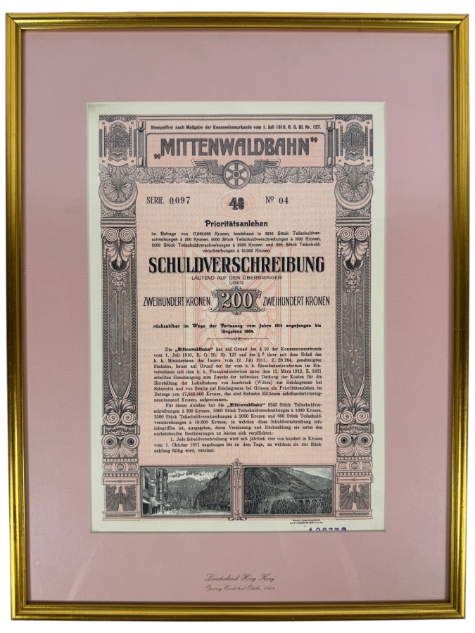 Antique 1912 Mittenwaldbahn Lokalbahn 200 Kronen Bond from Austria Framed 14.5 X 19 [Photo 2]