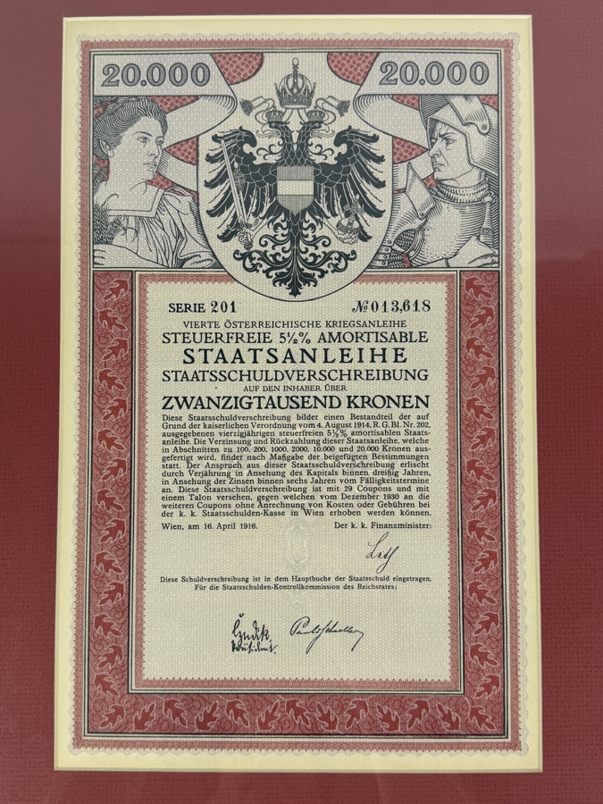 Antique 1916 Fourth Austrian War Loan Framed 14.5 X 19