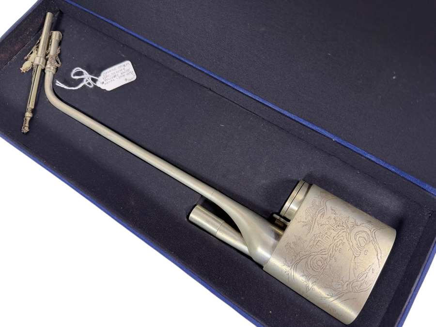 Antique Chinese Qing Dynasty Engraved Opium Pipe White Metal Smoking Tool With Presentation Box 17'L Retails $1,600