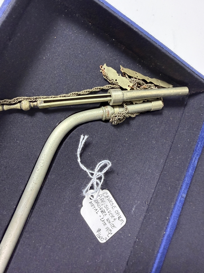 Antique Chinese Qing Dynasty Engraved Opium Pipe White Metal Smoking Tool With Presentation Box 17'L Retails $1,600 [Photo 6]