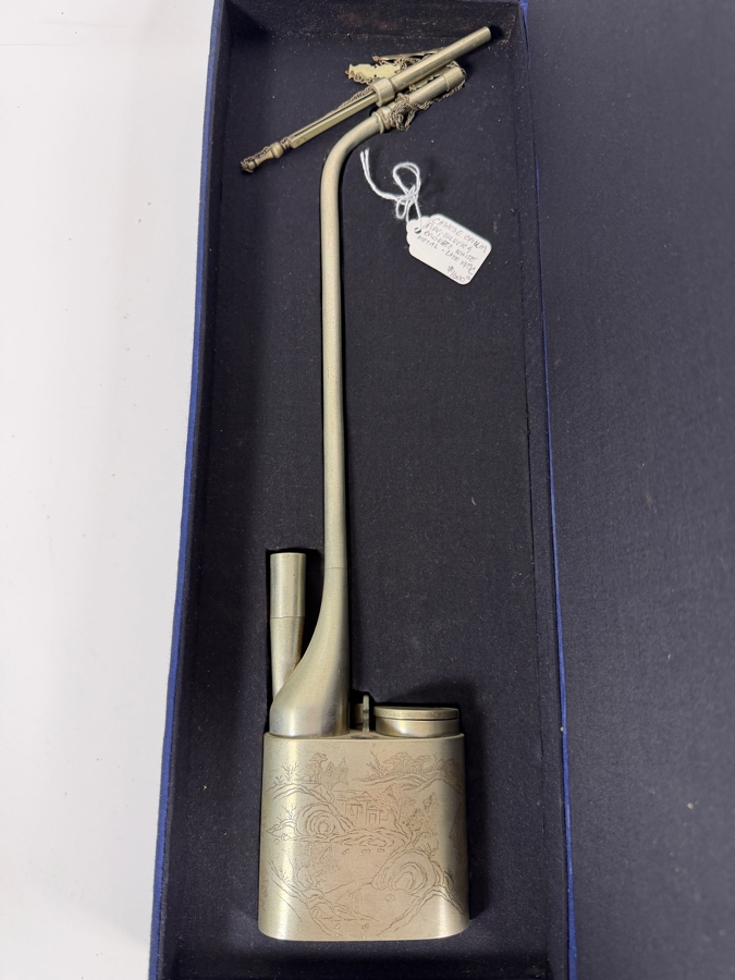 Antique Chinese Qing Dynasty Engraved Opium Pipe White Metal Smoking Tool With Presentation Box 17'L Retails $1,600 [Photo 2]
