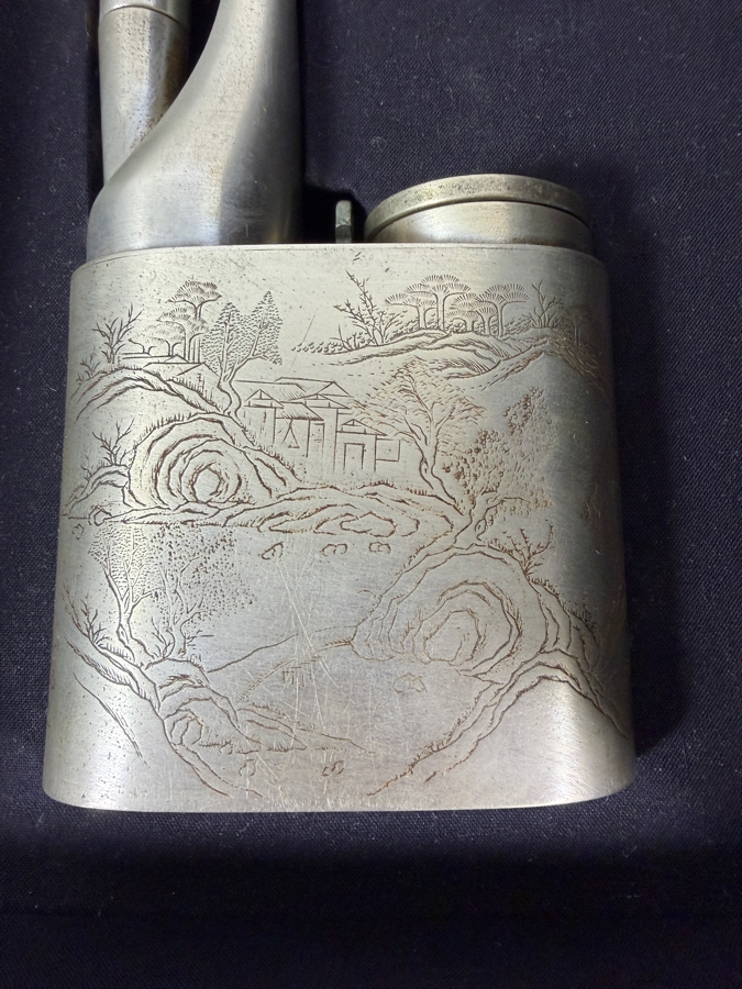 Antique Chinese Qing Dynasty Engraved Opium Pipe White Metal Smoking Tool With Presentation Box 17'L Retails $1,600 [Photo 3]