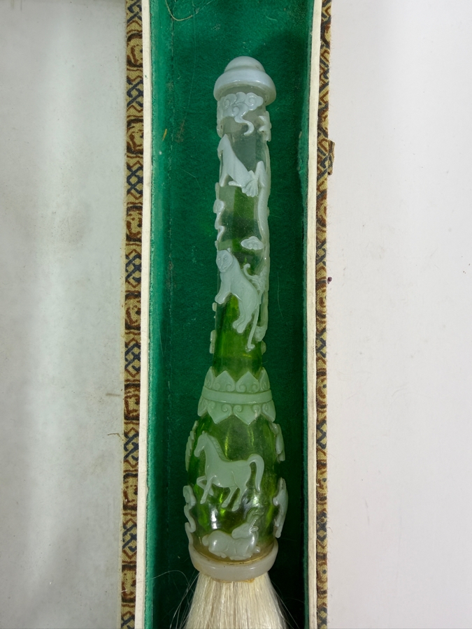 Chinese Hand Carved Green And White Glass Chinese Zodiac Motif Calligraphy Brush With Gift Box 11'L [Photo 7]