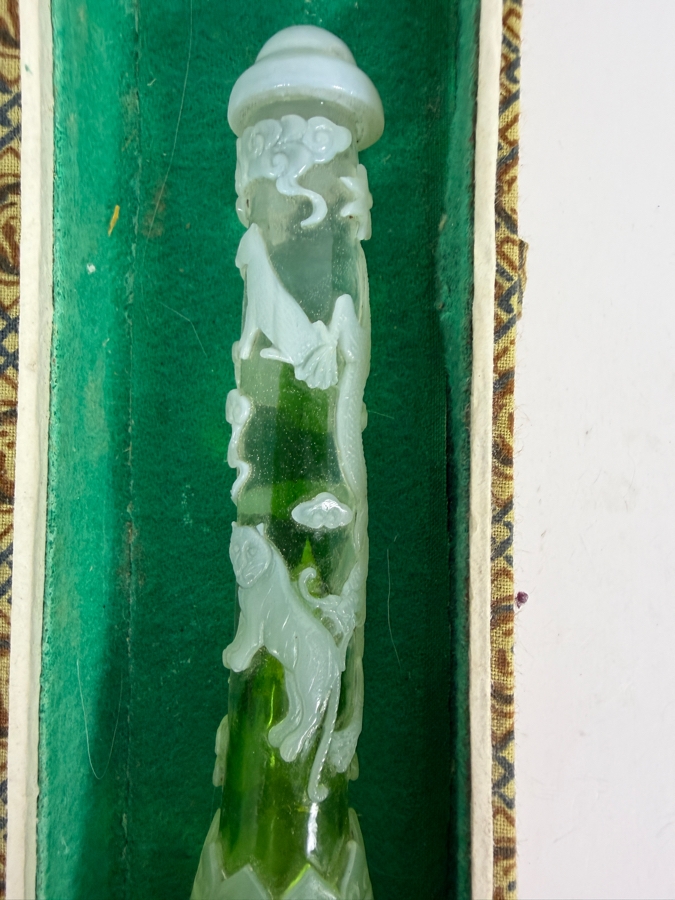 Chinese Hand Carved Green And White Glass Chinese Zodiac Motif Calligraphy Brush With Gift Box 11'L [Photo 8]