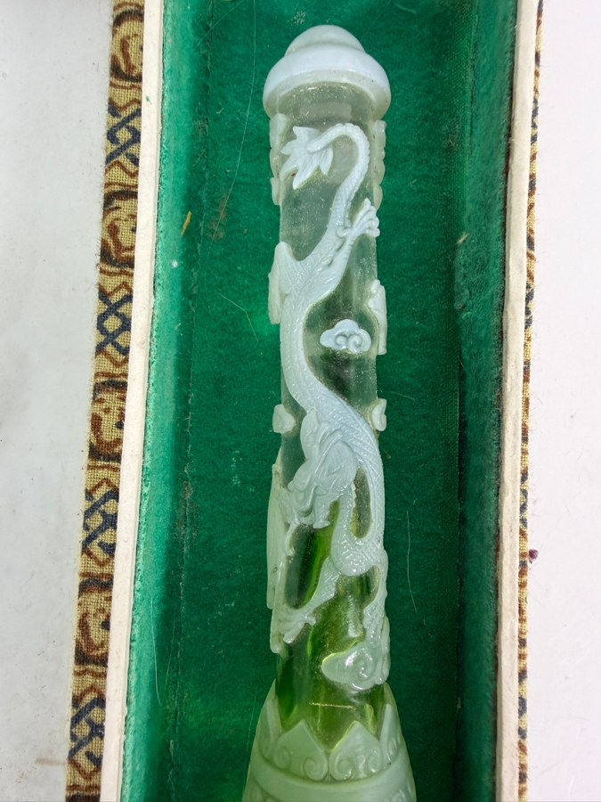Chinese Hand Carved Green And White Glass Chinese Zodiac Motif Calligraphy Brush With Gift Box 11'L [Photo 2]