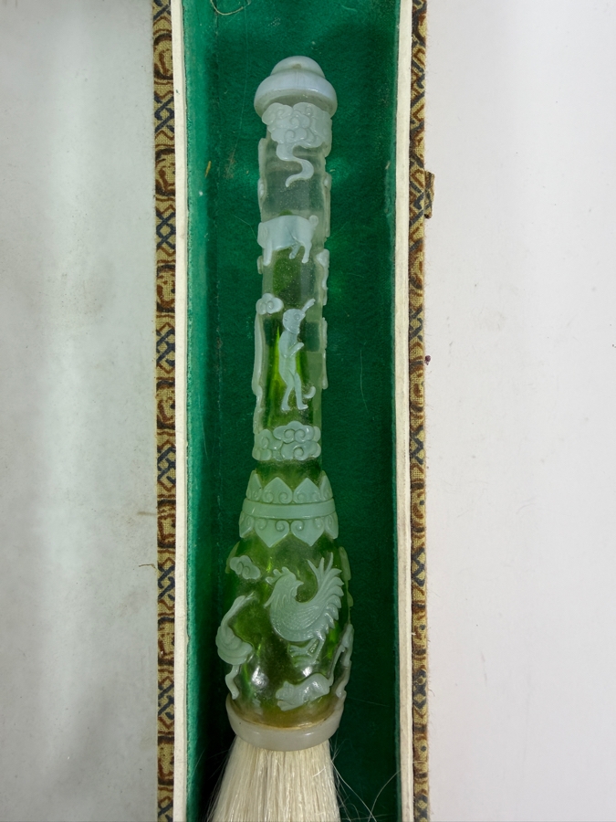 Chinese Hand Carved Green And White Glass Chinese Zodiac Motif Calligraphy Brush With Gift Box 11'L [Photo 4]