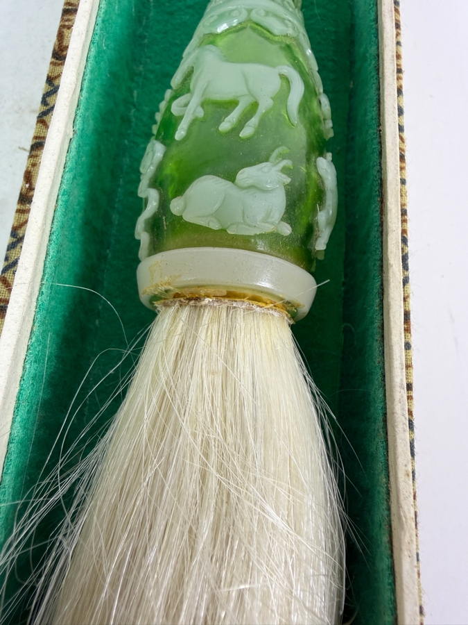 Chinese Hand Carved Green And White Glass Chinese Zodiac Motif Calligraphy Brush With Gift Box 11'L [Photo 10]
