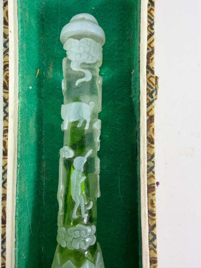Chinese Hand Carved Green And White Glass Chinese Zodiac Motif Calligraphy Brush With Gift Box 11'L [Photo 5]