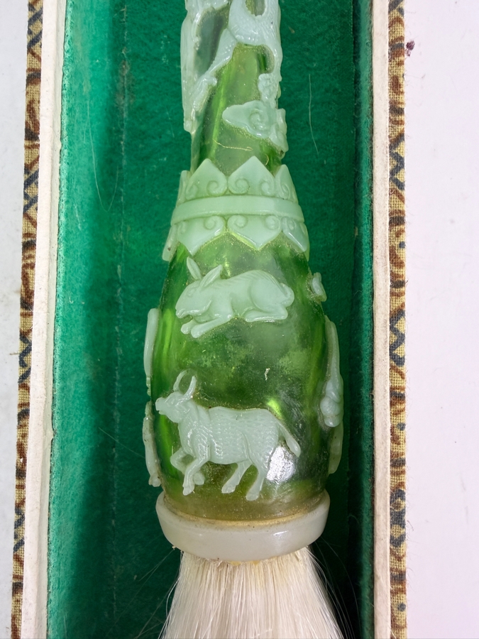Chinese Hand Carved Green And White Glass Chinese Zodiac Motif Calligraphy Brush With Gift Box 11'L [Photo 3]