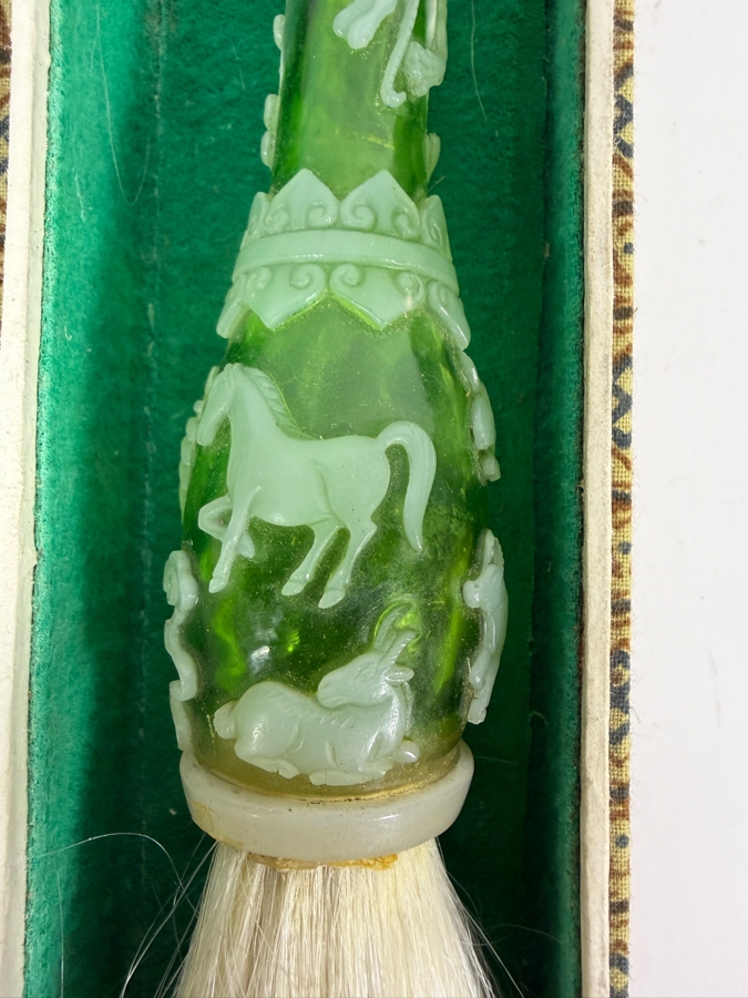 Chinese Hand Carved Green And White Glass Chinese Zodiac Motif Calligraphy Brush With Gift Box 11'L [Photo 9]