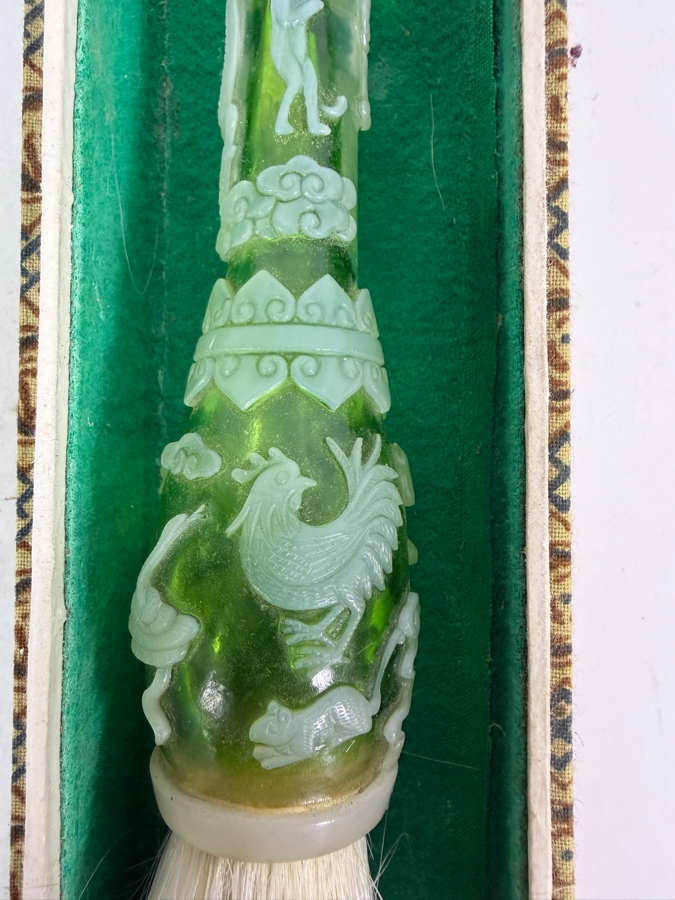 Chinese Hand Carved Green And White Glass Chinese Zodiac Motif Calligraphy Brush With Gift Box 11'L [Photo 6]