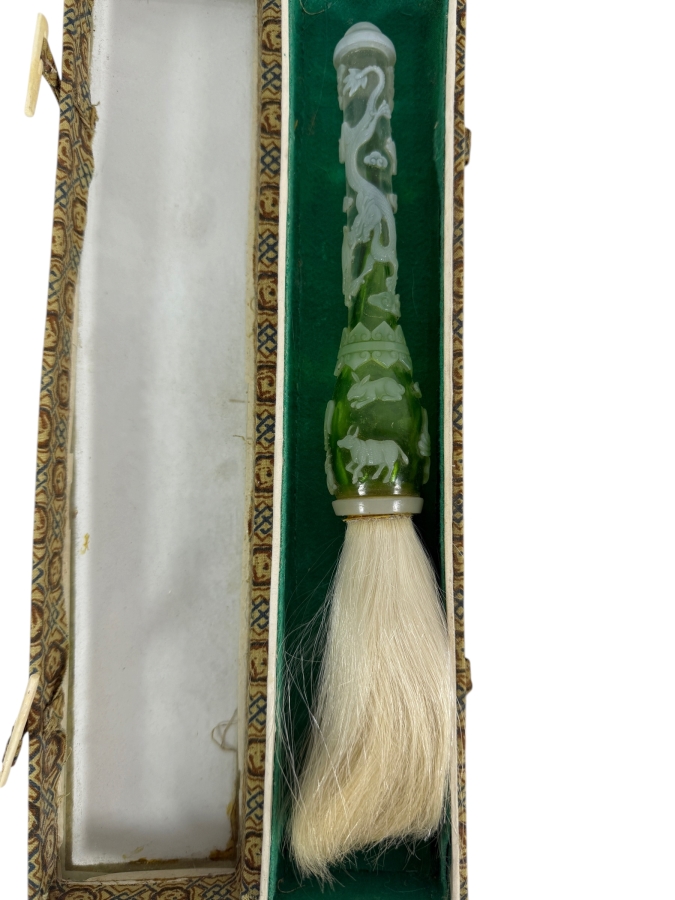 Chinese Hand Carved Green And White Glass Chinese Zodiac Motif Calligraphy Brush With Gift Box 11'L