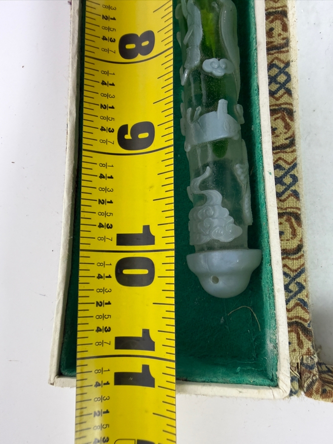 Chinese Hand Carved Green And White Glass Chinese Zodiac Motif Calligraphy Brush With Gift Box 11'L [Photo 12]