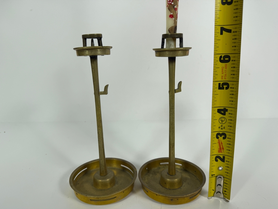 Japanese Meiji Period Style Brass Inro-Dai Scholar Candlesticks Two Piece Pair With Hand Painted Wax Candle 7'H [Photo 4]