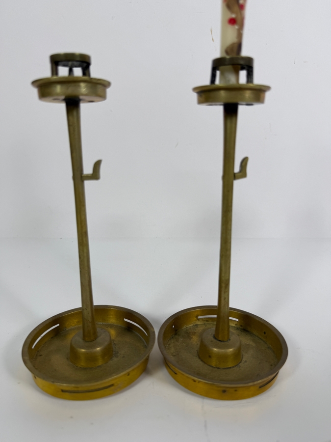 Japanese Meiji Period Style Brass Inro-Dai Scholar Candlesticks Two Piece Pair With Hand Painted Wax Candle 7'H [Photo 2]