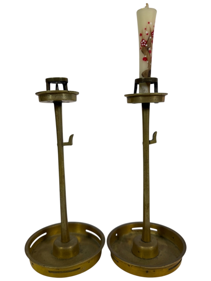Japanese Meiji Period Style Brass Inro-Dai Scholar Candlesticks Two Piece Pair With Hand Painted Wax Candle 7'H