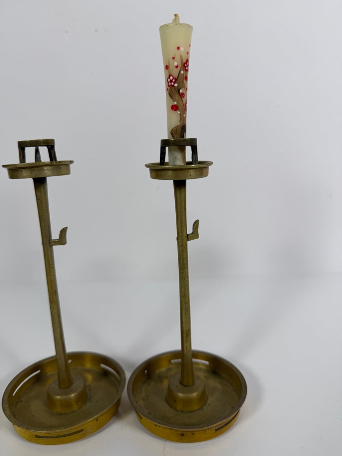 Japanese Meiji Period Style Brass Inro-Dai Scholar Candlesticks Two Piece Pair With Hand Painted Wax Candle 7'H [Photo 3]