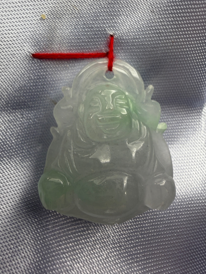 Chinese Pale Green Jadeite Carved Laughing Buddha Pendant [Photo 9]