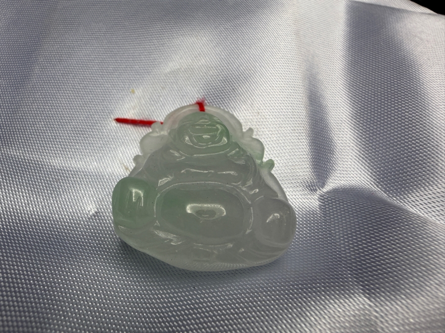 Chinese Translucent Pale Green Jadeite Carved Laughing Buddha Pendant With Red Silk String [Photo 2]