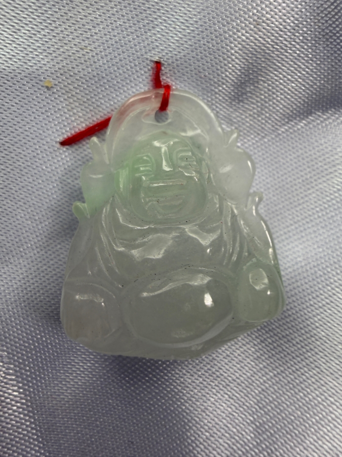 Chinese Translucent Pale Green Jadeite Carved Laughing Buddha Pendant With Red Silk String