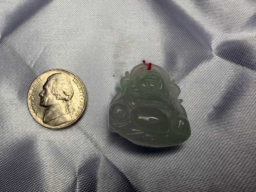 Chinese Translucent Pale Green Jadeite Carved Laughing Buddha Pendant With Red Silk String [Photo 3]