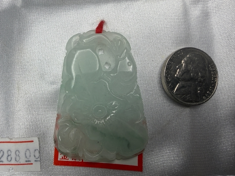 Chinese Jadeite Carved Lotus Blossom And Peach Longevity Plaque Pendant [Photo 6]