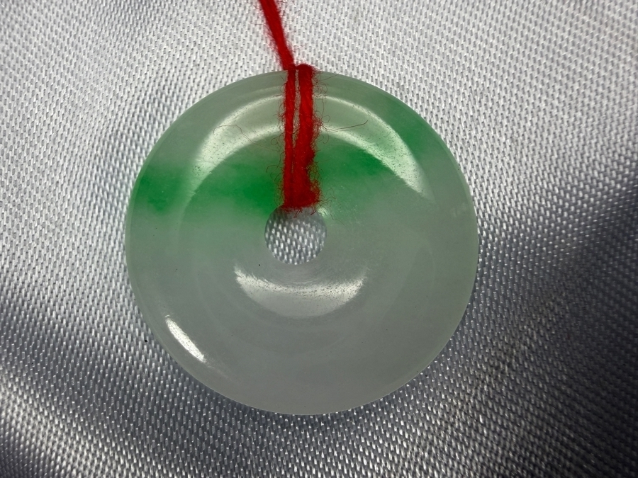 Chinese Jadeite Carved Bi Disc Ping An Kou Safety Pendant