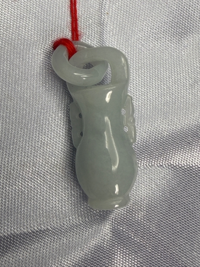 Chinese Translucent Icy Celadon White Jadeite Carved Miniature Vase Pendant With Interlinked Ring Handle [Photo 3]