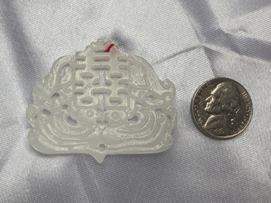 Chinese White Jadeite Pierced Openwork Double Happiness Mandarin Ducks Plaque Pendant [Photo 4]