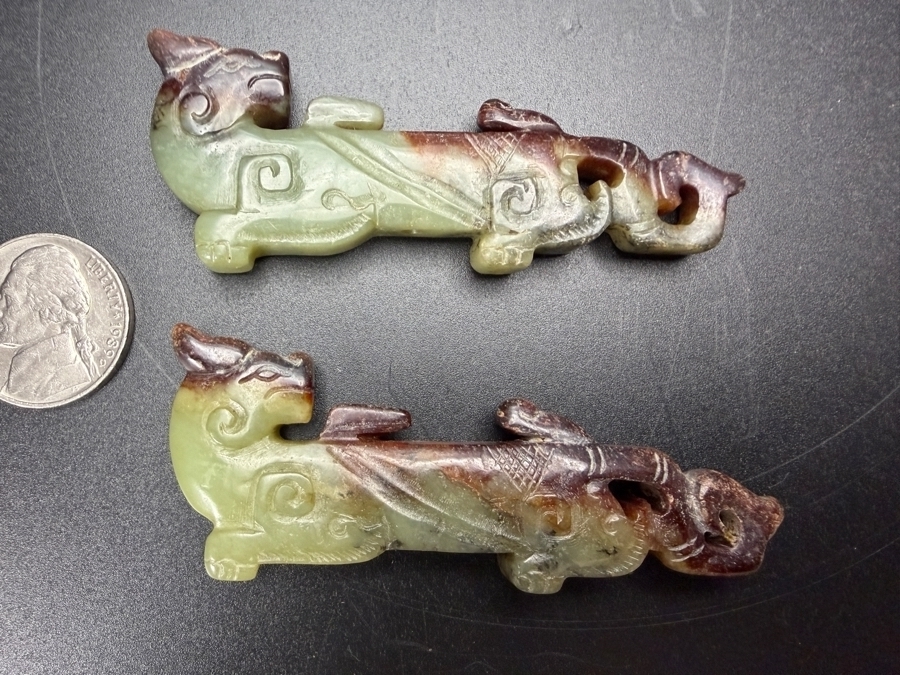 Pair Of Chinese Archaistic Han Dynasty Style Jade Carving Of Slender Recumbent Pixiu Dragons [Photo 2]