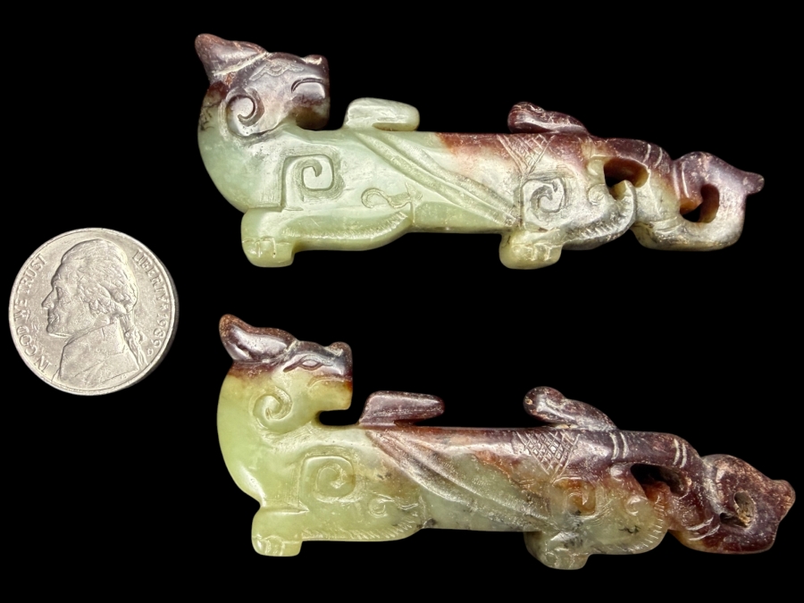 Pair Of Chinese Archaistic Han Dynasty Style Jade Carving Of Slender Recumbent Pixiu Dragons