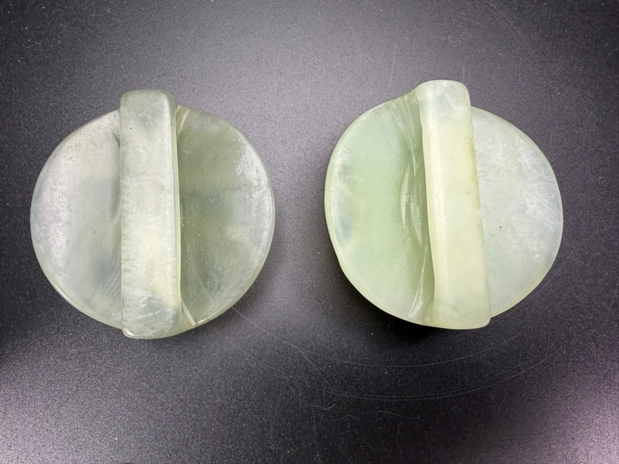 Pair Of Chinese White Hardstone Hand Carved Buddha Head Belt Buckles Sliders [Photo 5]