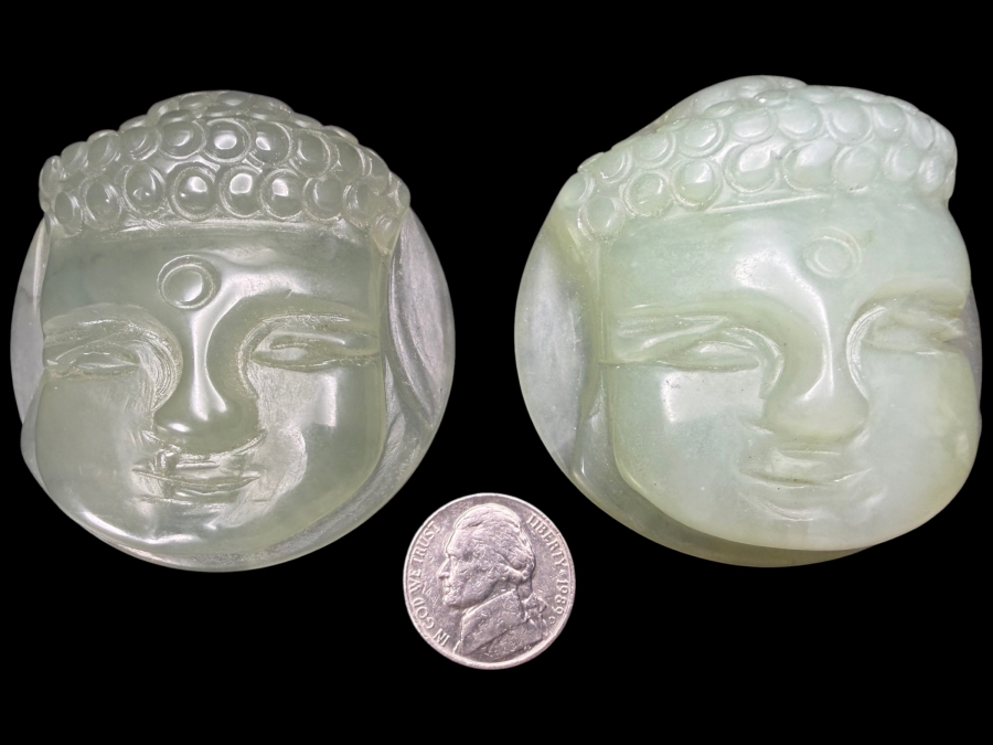 Pair Of Chinese White Hardstone Hand Carved Buddha Head Belt Buckles Sliders