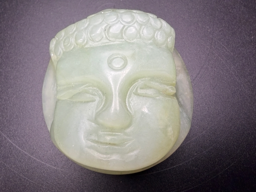 Pair Of Chinese White Hardstone Hand Carved Buddha Head Belt Buckles Sliders [Photo 3]