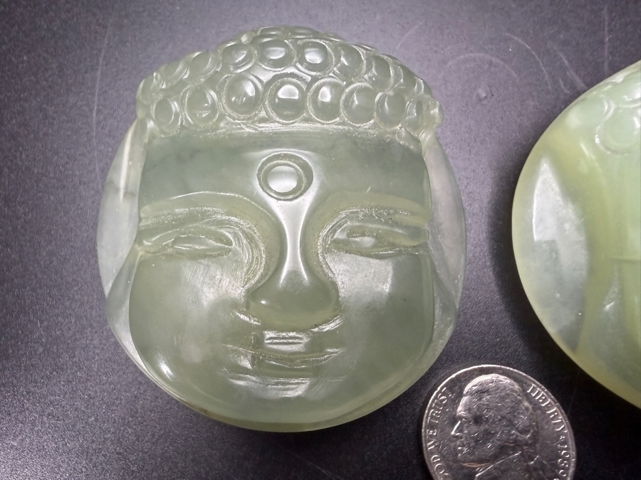 Pair Of Chinese White Hardstone Hand Carved Buddha Head Belt Buckles Sliders [Photo 2]