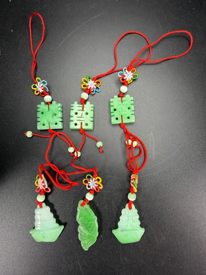 Chinese Green Hardstone Carved Double Happiness Pagoda And Fish Pendants Six Piece Collection [Photo 2]