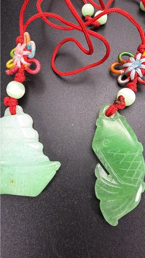 Chinese Green Hardstone Carved Double Happiness Pagoda And Fish Pendants Six Piece Collection [Photo 3]