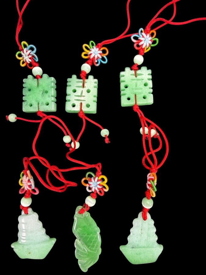 Chinese Green Hardstone Carved Double Happiness Pagoda And Fish Pendants Six Piece Collection