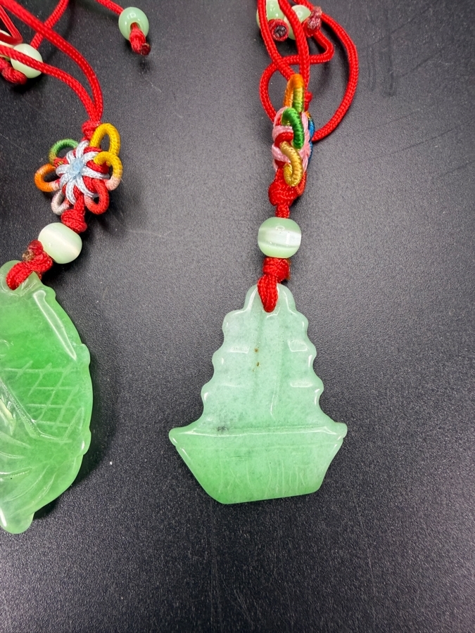 Chinese Green Hardstone Carved Double Happiness Pagoda And Fish Pendants Six Piece Collection [Photo 5]