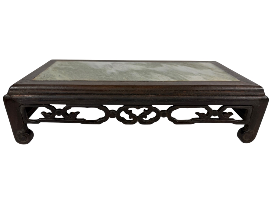 Chinese Qing Dynasty Style Pierced Rosewood Scholar Stand Inset Dreamstone Dali Marble Plaque Display Base 13.5'W X 7'D X 3.5'H
