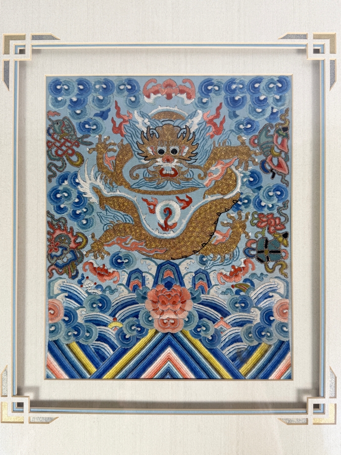 Antique Chinese Qing Dynasty Gilt Thread Imperial High-Ranking Official Five-Clawed Dragon Silk Embroidery Silk Dragon Robe Section Framed 8.5 X 10.75 Framed: 18 X 20